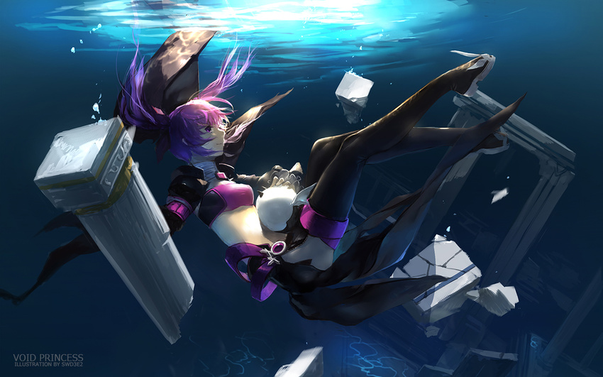 aisha_(elsword) angkor_(elsword) bad_id bad_pixiv_id black_legwear elsword jacket long_sleeves open_clothes open_jacket pillar pink_eyes pink_hair ruins skirt solo strapless swd3e2 thighhighs tubetop twintails underwater void_princess_(elsword)