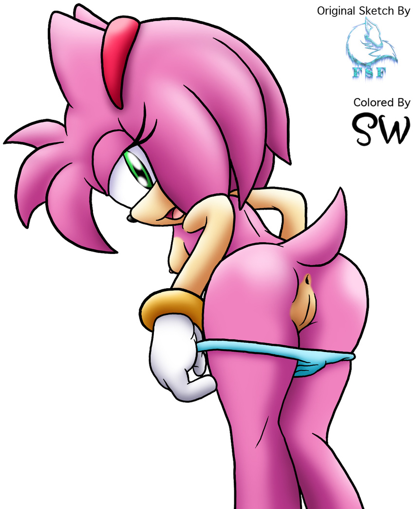 amy_rose anthro anus breasts clothing female frozesolidfox fur green_eyes nipples panties pink_fur presenting pussy simple_background solo sonic_(series) underwear