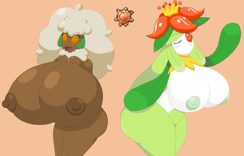 big_breasts blush breasts brown_skin duo elfdrago female flora_fauna huge_breasts hyper hyper_breasts lilligant mouthless nintendo nipples noseless nude one_eye_closed open_mouth orange_eyes plant pok&eacute;mon pussy red_eyes video_games whimsicott wink