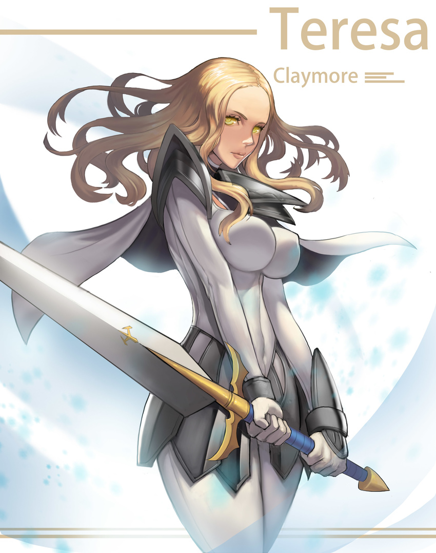 absurdres armor blonde_hair bodysuit breasts cape character_name claymore claymore_(sword) copyright_name cowboy_shot highres impossible_clothes large_breasts long_hair pauldrons simple_background solo sword teresa_(claymore) weapon yellow_eyes zhangyushao
