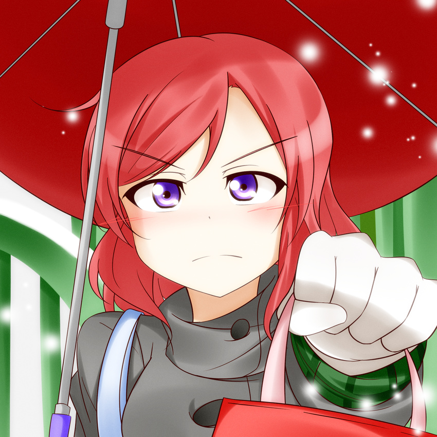 &gt;:( bag blush coat commentary fate_no_keshin frown gloves highres looking_at_viewer love_live! love_live!_school_idol_project nishikino_maki pink_hair pov purple_eyes short_hair snow solo tsundere umbrella v-shaped_eyebrows white_gloves