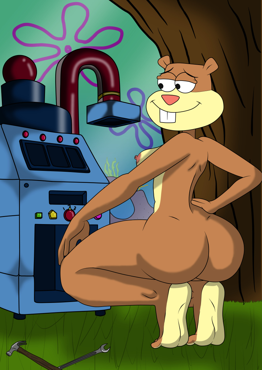 2019 a-fitzga absurd_res anthro anurous_(tailless_anthro) barefoot breasts brown_fur buckteeth butt crouching digital_media_(artwork) female fur hammer hi_res machine mammal nickelodeon nipples nude rodent sandy_cheeks sciurid smile solo spongebob_squarepants teeth toes tools tree_squirrel wrench