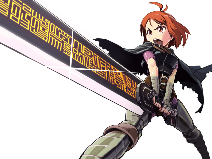 ahoge alternate_costume bandages berserk boots brown_eyes brown_hair cape cosplay dragonslayer_(sword) greatsword guts guts_(cosplay) hidaka_ai idolmaster idolmaster_dearly_stars kousaku open_mouth short_hair solo sunrise_stance torn_cape