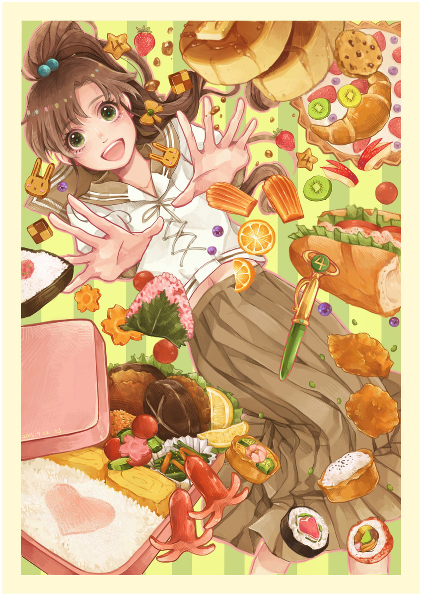 1girl apple_bunny beads bishoujo_senshi_sailor_moon blueberry border brown_hair butter candy carrot checkerboard_cookie cookie croissant cucumber dessert food fruit green_eyes hair_beads hair_ornament heart highres inarizushi jupiter_symbol kino_makoto kino_makoto's_school_uniform kiwifruit lemon madeleine makizushi navel nori_(seaweed) obentou omelet onigiri open_mouth orange outline pen pleated_skirt ponytail rice school_uniform serafuku skirt smile solo strawberry striped striped_background submarine_sandwich sushi tako-san_wiener tamagoyaki tomato transformation_pen