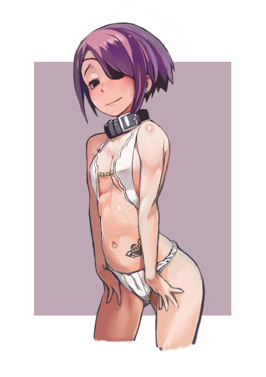 bare_shoulders breasts cleavage collar cropped_legs eyepatch fundoshi highres japanese_clothes kousaku looking_at_viewer navel original purple_eyes purple_hair short_hair small_breasts smile solo