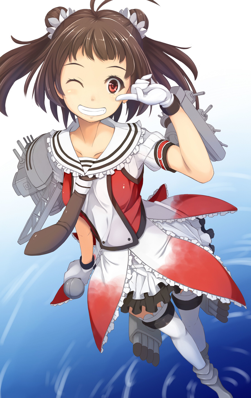 ;d antenna_hair brown_hair cannon commentary_request cyoppu double_bun dress gloves grin highres kantai_collection machinery naka_(kantai_collection) one_eye_closed open_mouth remodel_(kantai_collection) smile solo thighhighs turret water white_gloves white_legwear