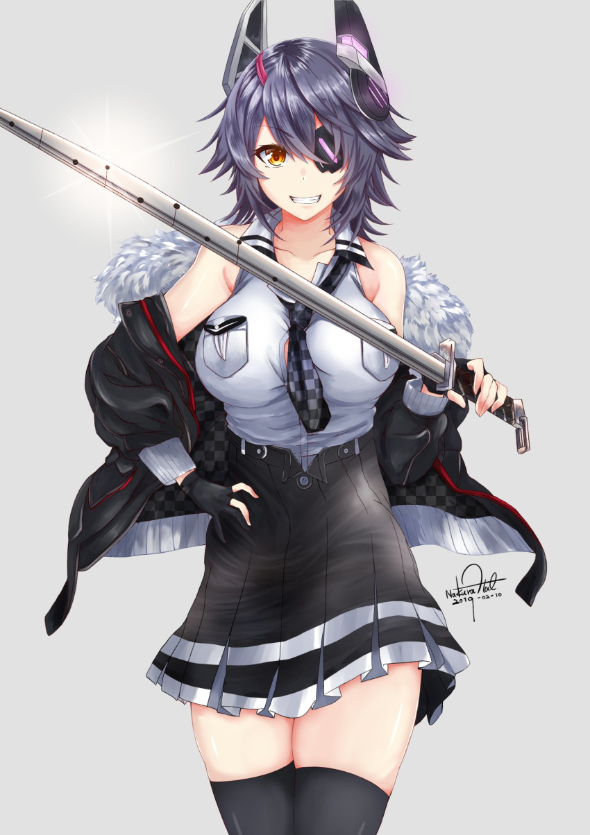 1girl bare_shoulders black_gloves breasts checkered checkered_neckwear collared_shirt commentary_request dated eyepatch fur_collar gloves grey_background grin headgear highres holding holding_sword holding_weapon kantai_collection large_breasts nakura_haru necktie parka partly_fingerless_gloves purple_hair school_uniform shirt short_hair signature smile solo sword tenryuu_(kantai_collection) thighhighs weapon yellow_eyes