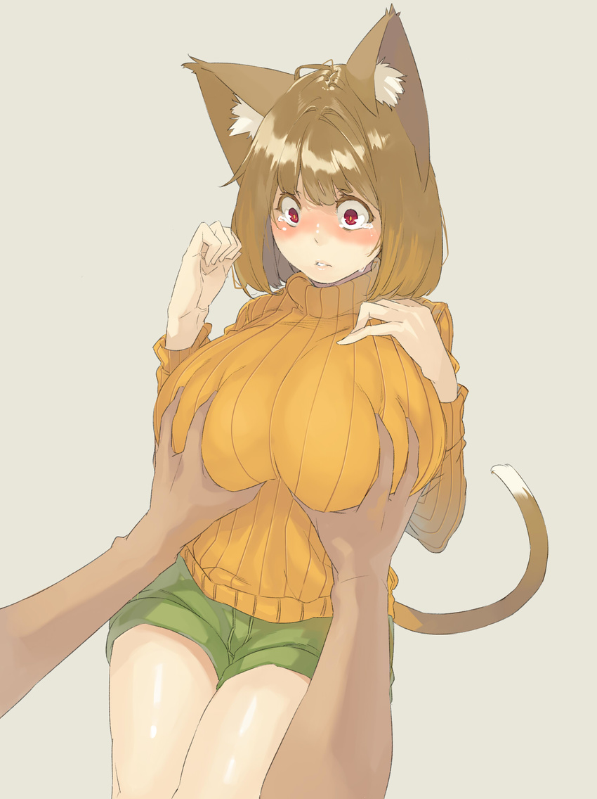 animal_ears breast_grab breasts brown_hair cat_ears cat_tail grabbing green_shorts grey_background haruka_(muneneko) highres huge_breasts molestation muneneko orange_shirt original red_eyes ribbed_sweater shirt short_hair shorts solo_focus sweater tail tears wide-eyed