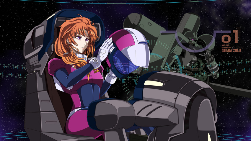 1girl cockpit geara_zulu gundam gundam_unicorn helmet highres ivuki marida_cruz mecha orange_hair pilot_suit purple_eyes space weapon