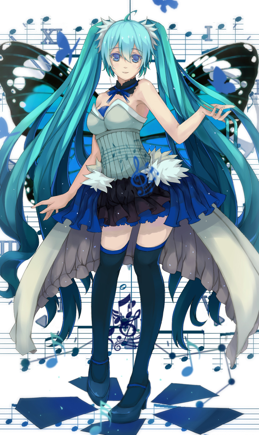 7th_dragon_(series) 7th_dragon_2020 ahoge aqua_hair bad_id bad_pixiv_id beamed_eighth_notes black_legwear blue_eyes butterfly_wings choker dead_line eighth_note half_note hatsune_miku highres long_hair musical_note quarter_note sharp_sign sheet_music sixteenth_note sleeveless solo staff_(music) thighhighs thirty-second_note treble_clef twintails very_long_hair vocaloid wings