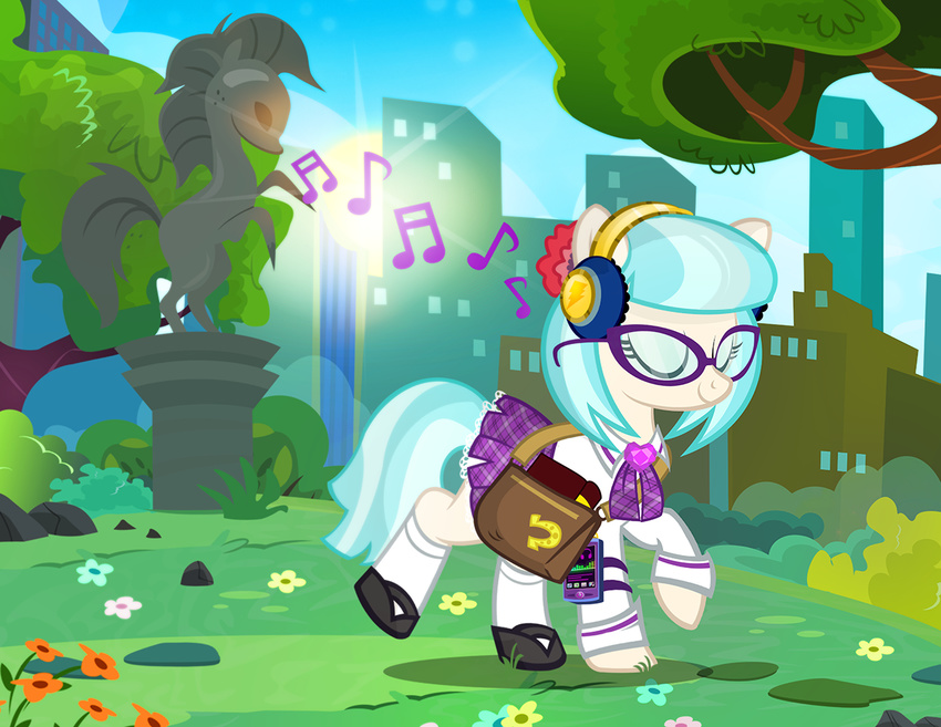 alternate_hairstyle bag book city clothing coco_pommel_(mlp) cute earth_pony equine eyewear female flower friendship_is_magic glasses headphones horse ipod listening mammal manehattan music musical_note my_little_pony one_eye_closed park pixelkitties plant pony raised_hoof saddle_bag schoolgirl sculpture smile solo statue sun tree