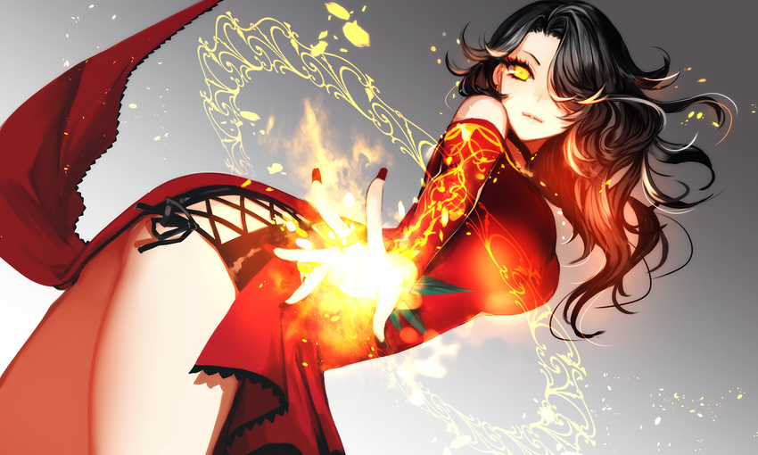 apt ass bare_shoulders black_hair breasts choker cinder_fall dress fingernails glowing glowing_eyes hair_over_one_eye highres large_breasts long_fingernails long_hair looking_at_viewer magic_circle nail_polish red_dress red_nails rwby side_slit solo thighs yellow_eyes