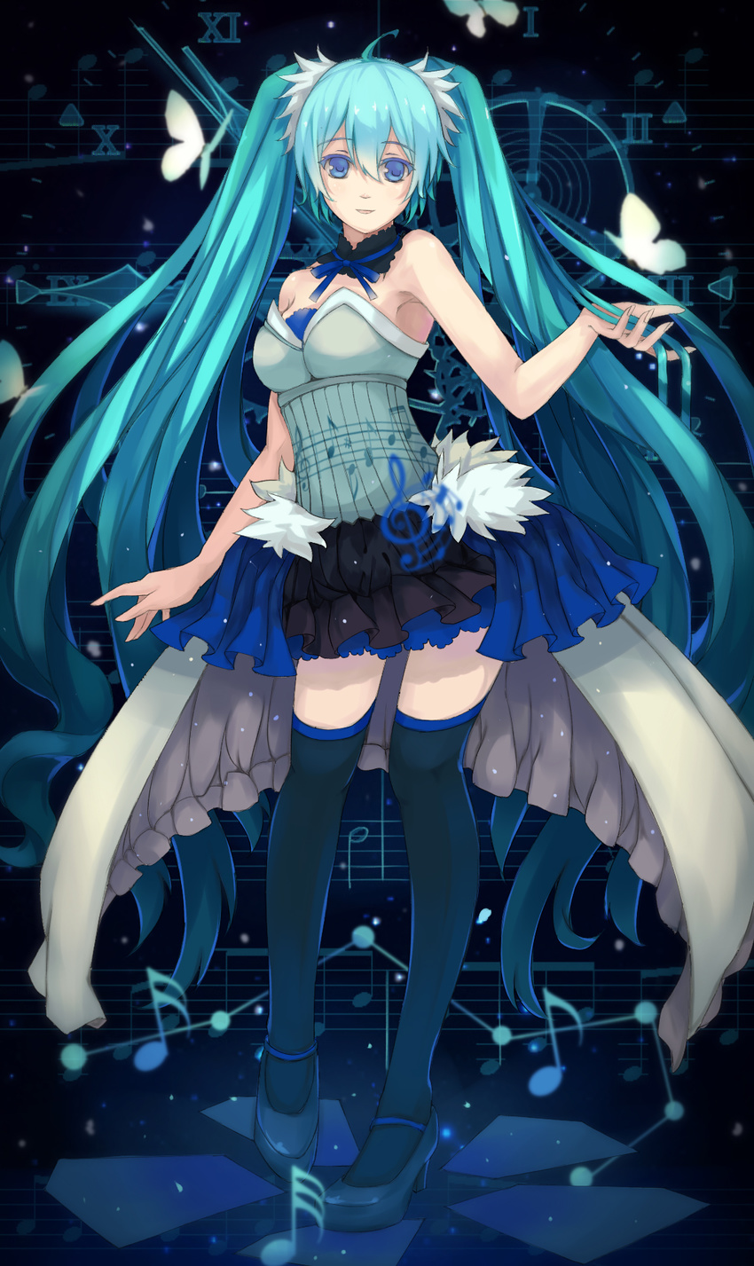 7th_dragon_(series) 7th_dragon_2020 ahoge aqua_hair bad_id bad_pixiv_id beamed_eighth_notes black_legwear blue_eyes bug butterfly choker dead_line eighth_note half_note hatsune_miku highres insect long_hair musical_note quarter_note sharp_sign sheet_music sixteenth_note sleeveless solo staff_(music) thighhighs thirty-second_note treble_clef twintails very_long_hair vocaloid