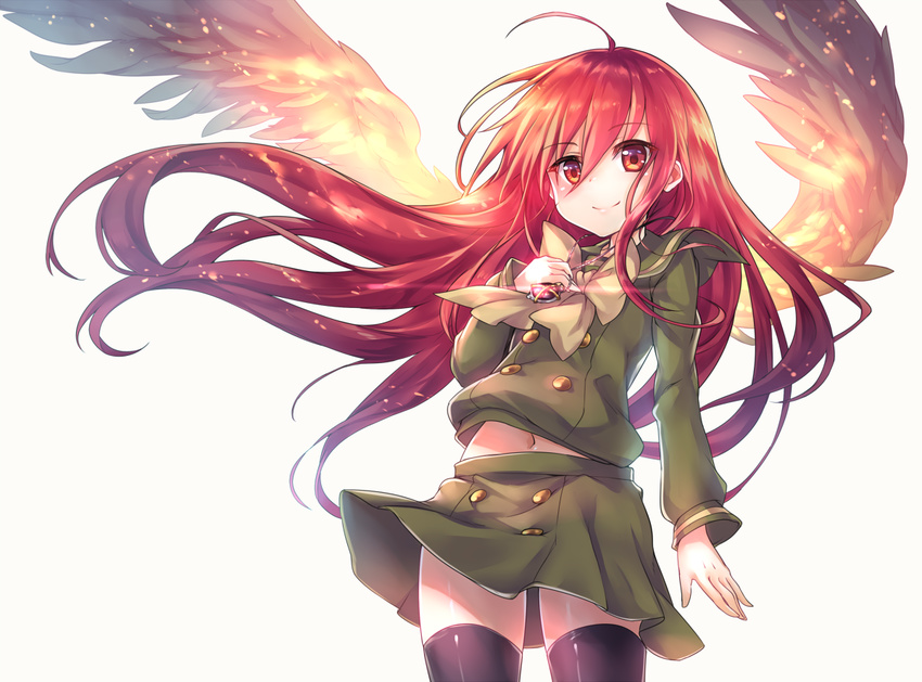 ahoge alastor_(shakugan_no_shana) anniversary black_legwear blush bow commentary_request hand_on_own_chest jewelry ks long_hair long_sleeves navel necklace pendant red_eyes red_hair school_uniform serafuku shakugan_no_shana shana shirt skirt skirt_set smile solo thighhighs very_long_hair wind wind_lift wings zettai_ryouiki