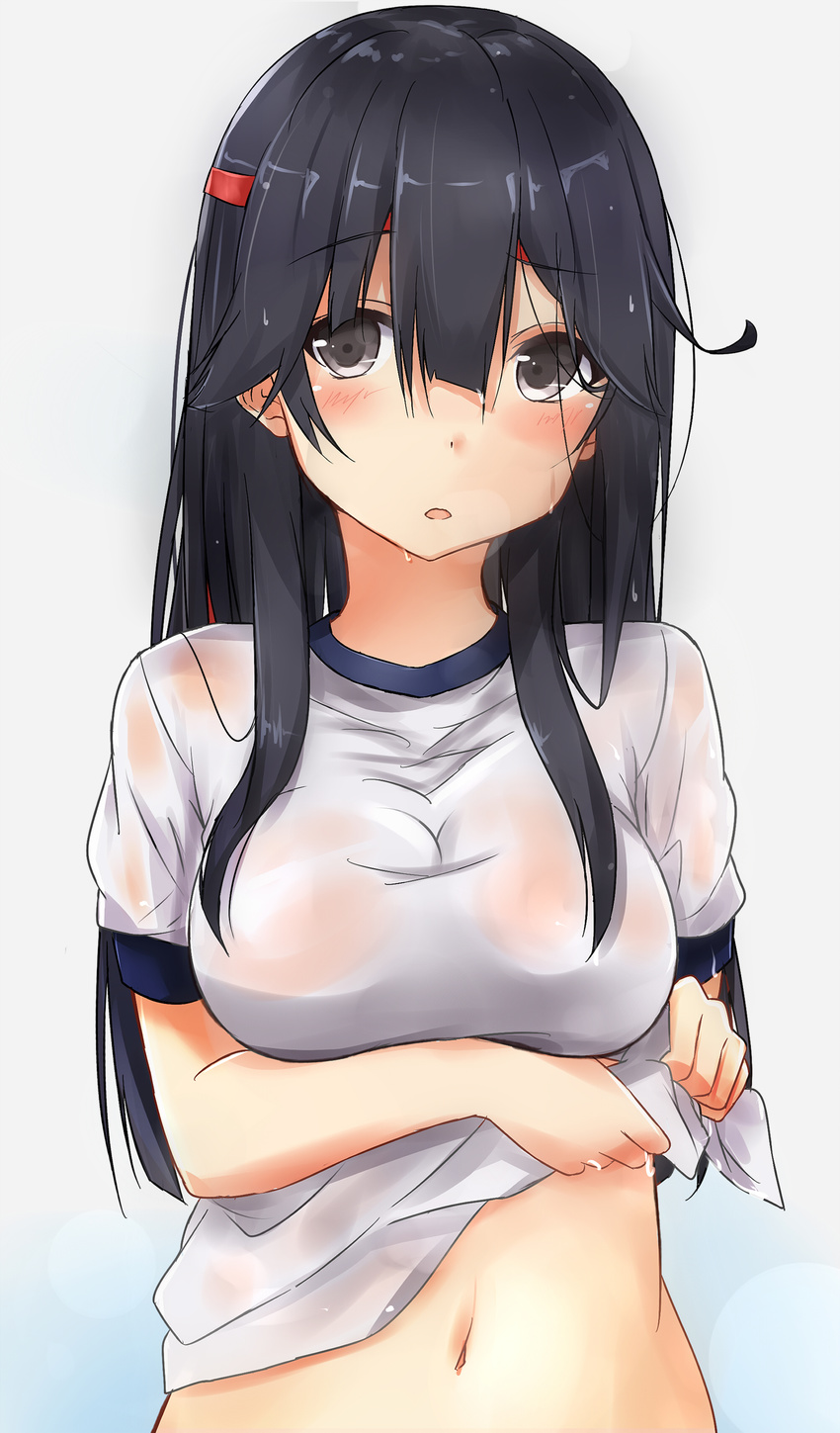 absurdres black_hair blush breasts grey_eyes gym_uniform hachimaki headband highres kantai_collection large_breasts long_hair looking_at_viewer navel open_mouth saku_(kudrove) see-through solo squeezing upper_body ushio_(kantai_collection) wet wet_clothes