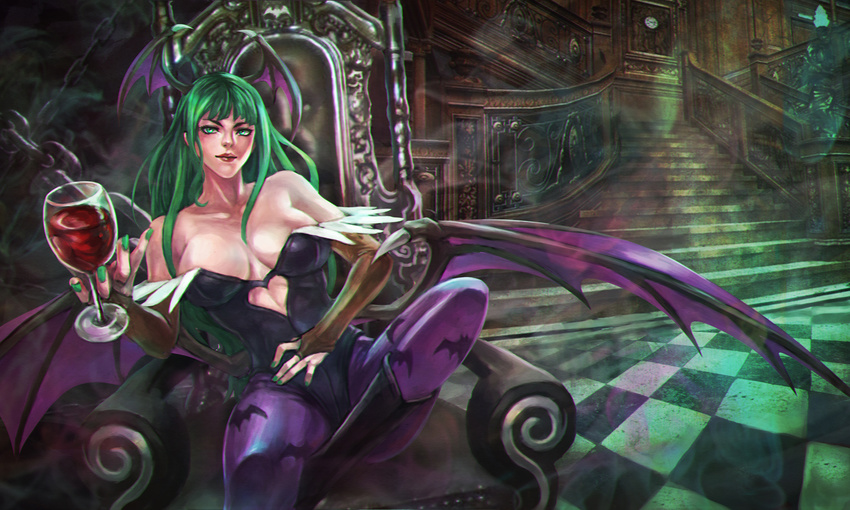 absurdres alcohol animal_print bare_shoulders bat_print bat_wings breasts bridal_gauntlets brown_gloves chain cleavage collarbone cup demon_girl drinking_glass elbow_gloves eyebrows eyelashes eyeshadow gloves green_eyes green_hair green_nails hallway head_wings heart_cutout highres large_breasts leg_up leotard light_smile lips long_hair looking_at_viewer low_wings makeup monori_rogue morrigan_aensland nail_polish outstretched_arm pantyhose print_legwear purple_legwear purple_wings sitting solo succubus throne underbust vampire_(game) wine wine_glass wings