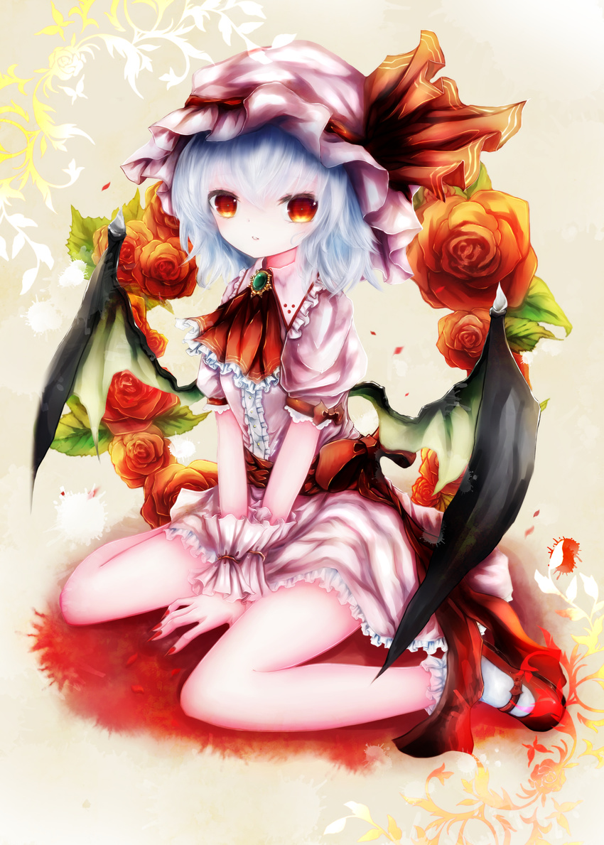 absurdres ascot bad_id bad_pixiv_id basilis9 bat_wings blue_hair brooch dress flower hat hat_ribbon highres jewelry looking_at_viewer mary_janes mob_cap petals pink_dress puffy_short_sleeves puffy_sleeves red_eyes red_flower red_rose remilia_scarlet ribbon rose sash shoes short_sleeves silver_hair sitting solo touhou v_arms wariza wings wrist_cuffs