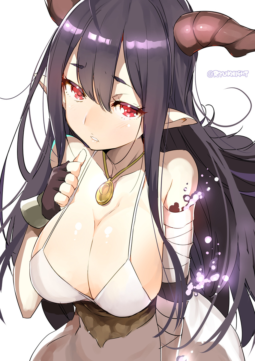 antenna_hair bandaged_arm bandages black_gloves black_hair blush breasts cleavage danua draph dress fingerless_gloves gloves granblue_fantasy hair_between_eyes highres horns jewelry large_breasts long_hair looking_at_viewer naitou_ryuu necklace pointy_ears red_eyes solo white_dress