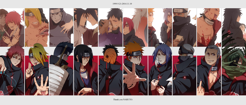 3girls 6+boys _obito akatsuki_(naruto) amber_eyes black_hair blonde_hair blood blue_hair brown_hair deidara eye_contact eyes_closed fingers forehead_protector gold_eyes green_eyes green_hair hands hidan hoshigaki_kisame jiraiya kakuzu konan konohagakure_symbol looking_at_another looking_at_viewer mask money multiple_boys multiple_girls nagato_(naruto) nail_polish naruto naruto_shippuuden necklace nohara_rin orange_hair pain_(naruto) pain_(tendo) purple_eyes red_eyes red_hair ring rings rinnegan sasori senju_hashirama sharingan short_hair silver_hair teeth tobi tongue tongue_out uchiha_itachi uchiha_madara uchiha_obito uchiha_sasuke white_hair yahiko_(naruto) zetsu