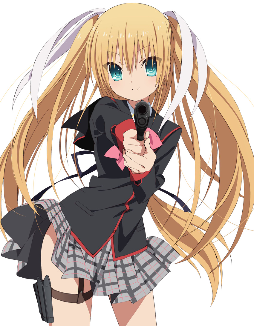 aiming_at_viewer aqua_eyes blazer blonde_hair checkered checkered_skirt extraction gun hair_ornament handgun highres holding holding_gun holding_weapon jacket little_busters! long_hair looking_at_viewer m1911 pistol pleated_skirt school_uniform skirt smile solo tokido_saya transparent_background twintails very_long_hair weapon