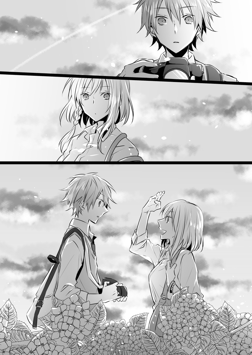 1girl amamiya_hibiya backpack bag bangs bracelet braid breasts camera cloud collared_shirt comic condensation_trail dress_shirt eye_contact flower fujiori_(ayacoe727) greyscale hand_up highres holding holding_camera holding_strap jewelry kagerou_project kisaragi_momo light_particles long_hair long_sleeves looking_at_another looking_at_viewer medium_breasts monochrome necktie older outdoors palms parted_lips plant profile school_uniform shirt short_hair shoulder_bag side_braid silent_comic single_braid sky sleeves_folded_up smile surprised sweater_vest teenage wide-eyed