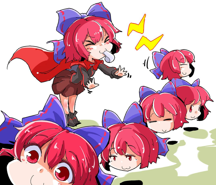 bow cape closed_eyes disembodied_head hair_bow long_sleeves multiple_heads red_eyes red_hair sekibanki shinapuu shirt short_hair skirt smile solo touhou whistle