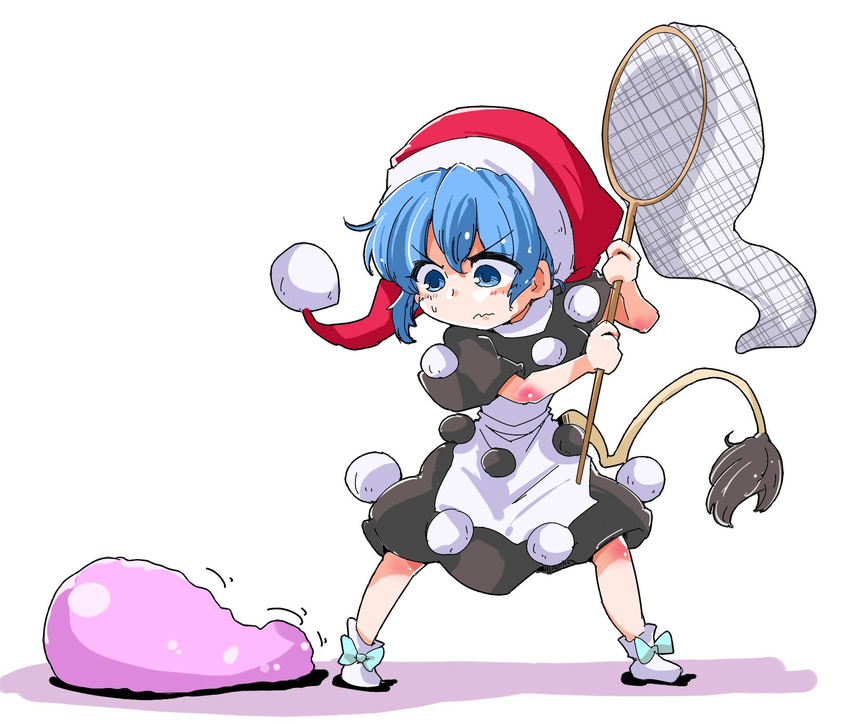 blob blue_eyes blue_hair bow butterfly_net commentary_request doremy_sweet dream_soul dress hand_net hat highres nightcap pom_pom_(clothes) shinapuu shirt short_hair skirt socks solo tail tapir_tail touhou