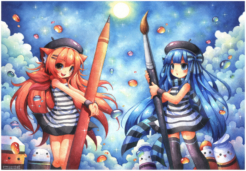 :3 :d :o :p animal_ears artist_name bangs bare_shoulders beret blue_eyes blue_hair blue_sky blunt_bangs blush bow brown_eyes cat_ears chibi cloud dress emperpep eraser face hair_bow hair_ornament hairclip hands_together hat holding holding_paintbrush holding_pencil kneehighs long_hair looking_at_viewer multiple_girls open_mouth orange_hair original oversized_object paint paintbrush pencil scarf short_dress sky sleeveless sleeveless_dress smile sparkle striped striped_bow striped_dress striped_scarf sun thighhighs tongue tongue_out traditional_media tube two-handed very_long_hair watercolor_(medium) wrist_cuffs zettai_ryouiki