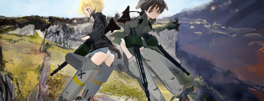 2girls absurdres animal_ears blonde_hair blue_eyes brown_eyes brown_hair cliff dog_ears dog_tail dual_wielding erica_hartmann flying gertrud_barkhorn gradient_hair gun highres holding jacket kabuyama_kaigi leather leather_jacket long_hair machine_gun mg42 multicolored_hair multiple_girls neck_ribbon ribbon short_hair sketch sky strike_witches striker_unit tail they're_not_panties tree twintails uniform weapon world_witches_series
