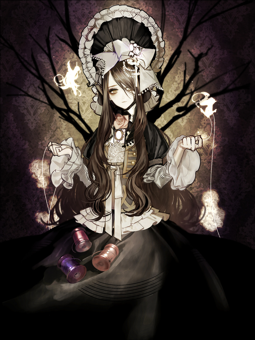 bad_id bad_pixiv_id beads black_dress bonnet bow brown_hair closed_mouth dress frills glowing hair_bow hair_ornament hair_over_one_eye hat highres long_hair long_sleeves looking_to_the_side puffy_long_sleeves puffy_sleeves ribbon shikishima_(eiri) solo spool thread tree very_long_hair white_ribbon wide_sleeves yellow_eyes