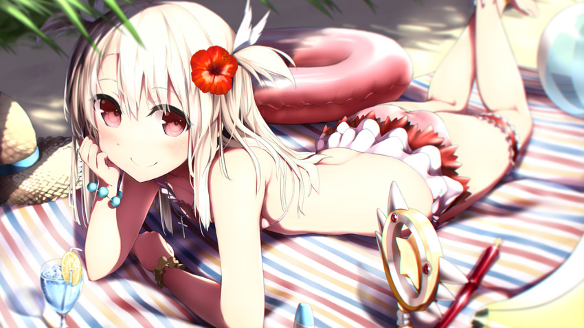 ball bare_legs beach beach_towel beachball bikini blurry blush bracelet breasts cross cross_necklace cup depth_of_field drink drinking_glass drinking_straw fate/kaleid_liner_prisma_illya fate_(series) flower fueru_nattou hair_flower hair_ornament hat hibiscus highres ice ice_cube illyasviel_von_einzbern innertube jewelry leg_garter leg_ribbon long_hair looking_at_viewer lotion lying magical_ruby necklace red_eyes ribbon silver_hair skirt small_breasts smile solo straw_hat striped_towel sunscreen swimsuit towel tropical_drink