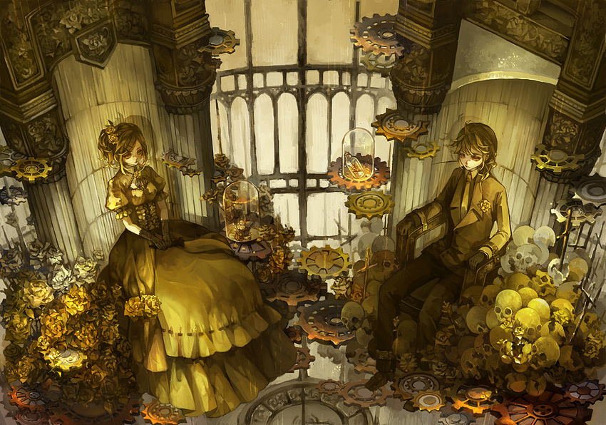 1girl aku_no_musume_(vocaloid) bangs belt black_gloves blonde_hair bottle bound brother_and_sister clock dress evillious_nendaiki flower formal from_above gate gears gloves gothic grave hair_flower hair_ornament hairclip holding kagamine_len kagamine_rin katari_biumi long_sleeves necktie pants puffy_short_sleeves puffy_sleeves red_eyes ribbon riliane_lucifen_d'autriche rose shadow short_hair short_sleeves siblings side_ponytail sitting skull sword tied_up twins vocaloid weapon yellow yellow_dress yellow_flower yellow_neckwear yellow_rose