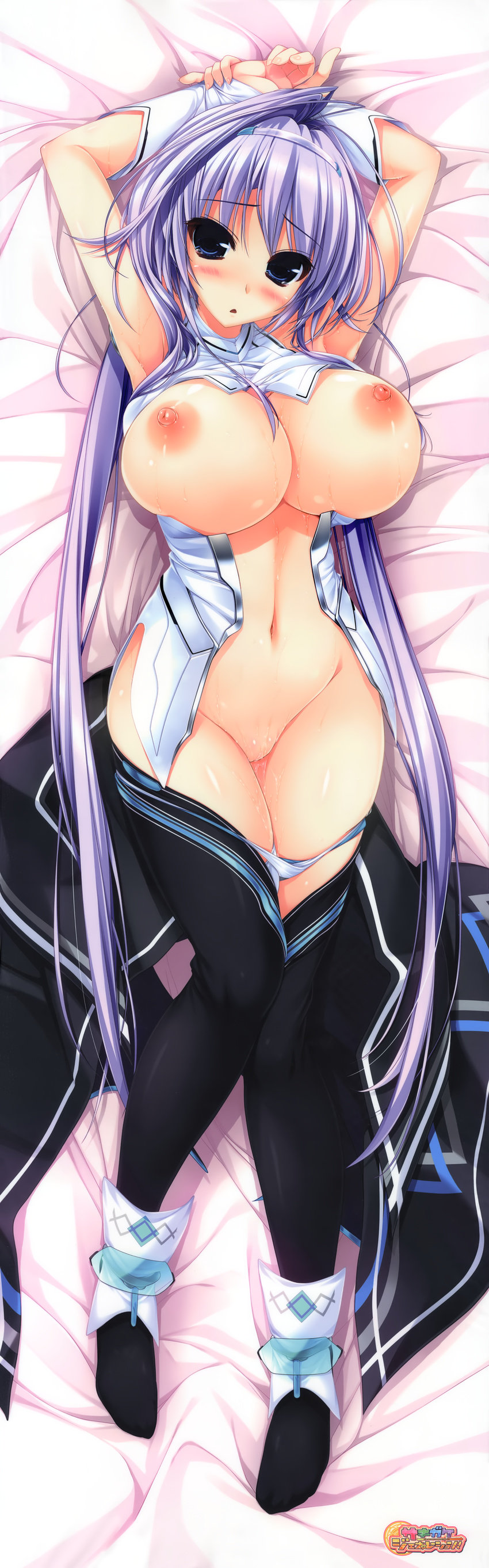 absurdres armpits arms_up bed_sheet black_legwear blue_eyes blush breasts dakimakura full_body highres hoshizaki_ouka huge_breasts huge_filesize lavender_hair low_twintails navel nipples open_clothes open_shirt oshiki_hitoshi panties panty_pull pussy_juice sakigake_generation! scan shirt solo thighhighs twintails underwear white_panties wrist_cuffs