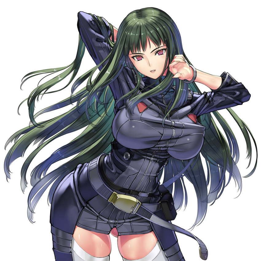 absurdres ass_visible_through_thighs bad_id bad_pixiv_id breasts elicia_zephyr green_hair highres huge_breasts impossible_clothes leaning_forward long_hair looking_at_viewer nakabayashi_reimei parted_lips pink_eyes simple_background skindentation smile solo super_robot_wars super_robot_wars_og_saga_masou_kishin_f_coffin_of_the_end super_robot_wars_the_lord_of_elemental thighhighs very_long_hair white_background white_legwear