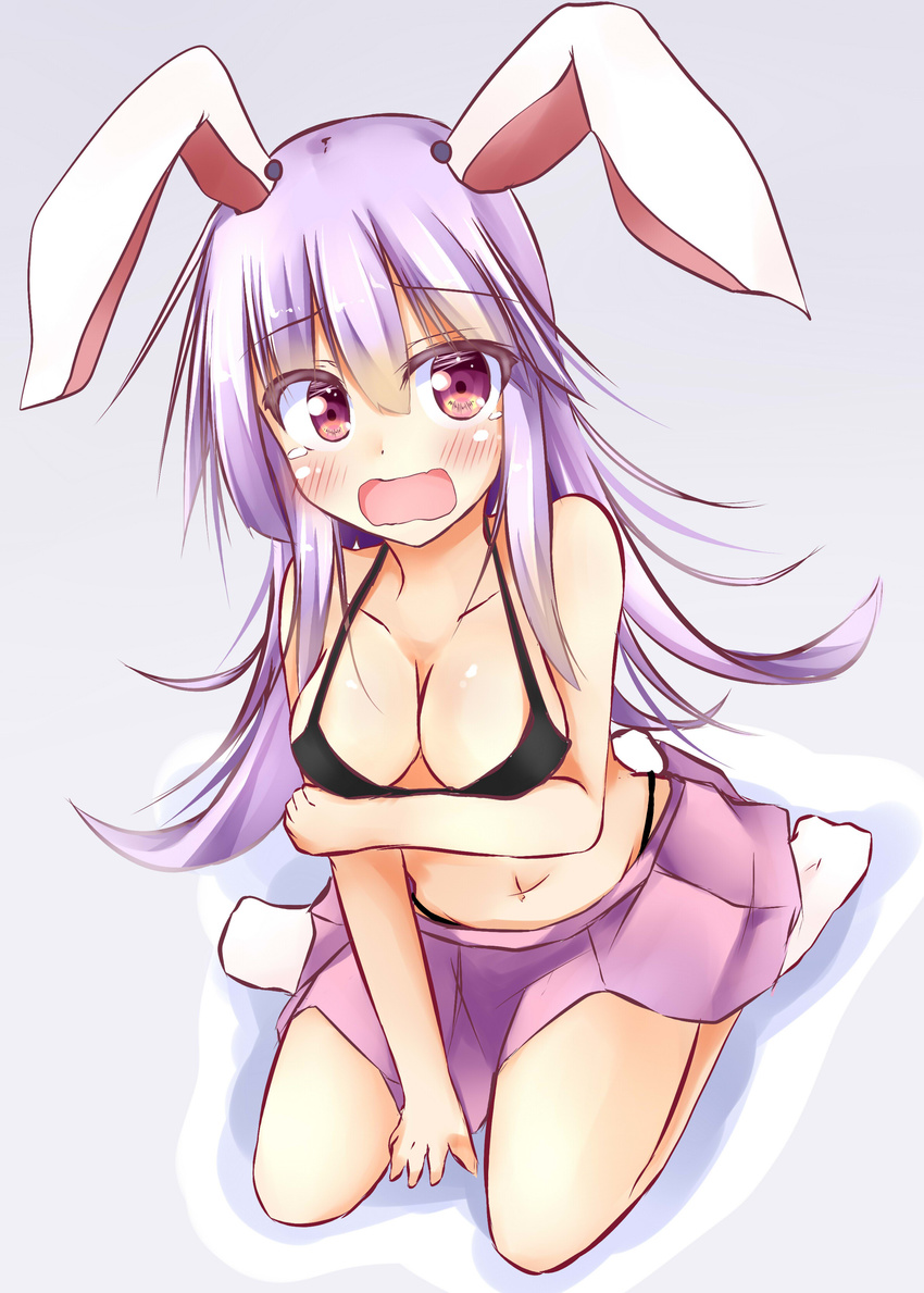 absurdres animal_ears black_bra blush bra breasts bunny_ears cleavage covering covering_breasts highres kuzumomo large_breasts miniskirt open_mouth purple_hair red_eyes reisen_udongein_inaba sitting skirt solo tears touhou underwear wariza