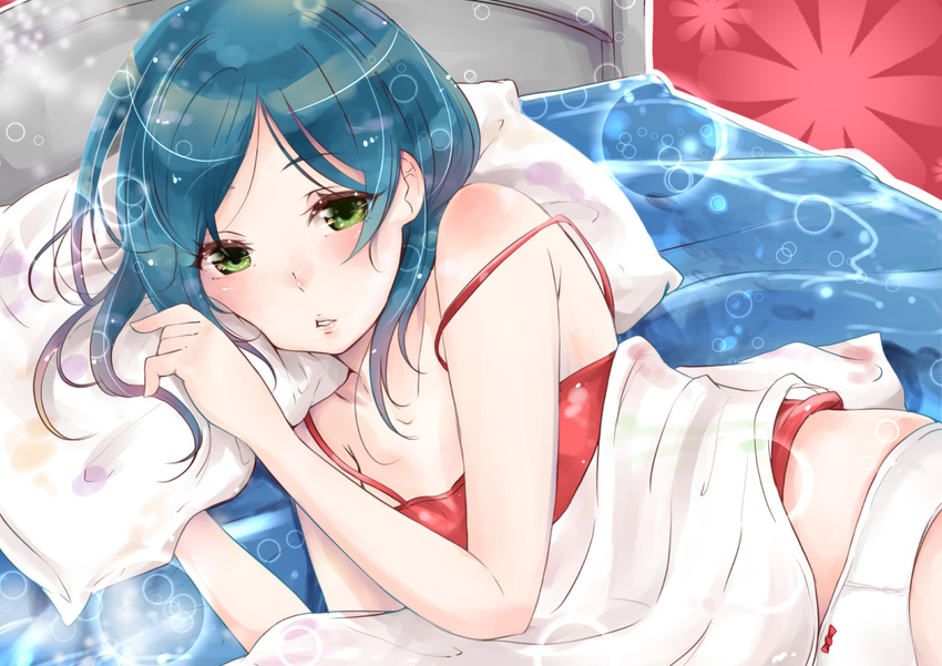 bad_id bad_pixiv_id blue_hair blush bubble camisole green_eyes lying murabito_c on_bed on_side panties parted_lips pillow rinoda_mano school_girl_strikers solo underwear waking_up white_panties