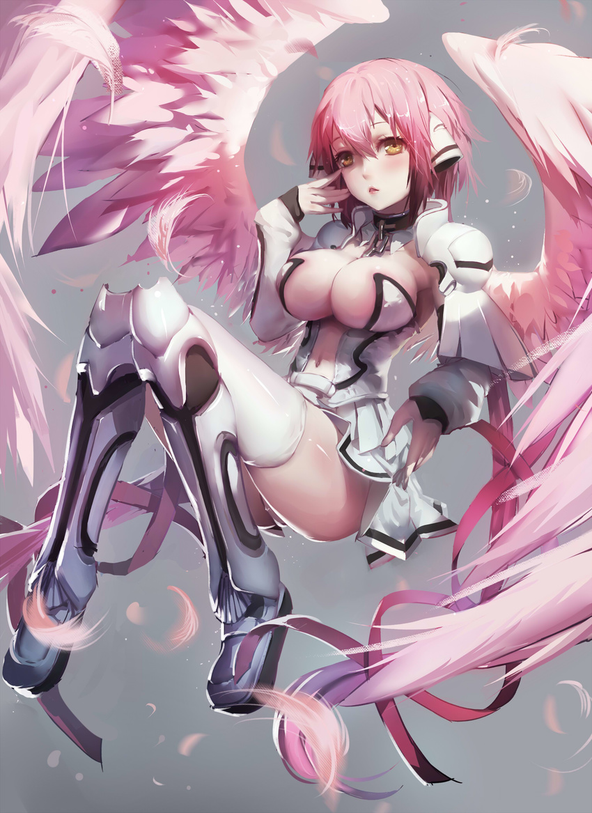 angel_wings bangs between_breasts blush boots breasts brown_eyes chain cleavage collar d: detached_sleeves feathered_wings feathers full_body grey_background highres ikaros knee_boots large_breasts long_hair long_sleeves navel navel_cutout open_mouth panties parted_lips pink_hair pink_lips pink_wings ribbon solo sora_no_otoshimono thighhighs twintails underwear very_long_hair white_panties wings yuiko_(yuiko33miao)