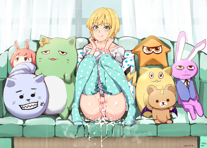 :q after_sex bar_censor blonde_hair blue_legwear censored commentary_request couch cum cum_in_pussy cum_pool curtains green_eyes idolmaster idolmaster_cinderella_girls looking_at_viewer miyamoto_frederica nyuu_(manekin-eko) pillow pina_korata polka_dot polka_dot_legwear pussy short_hair solo splatoon_(series) splatoon_1 stuffed_animal stuffed_bunny stuffed_squid stuffed_toy sweat teddy_bear thighhighs tongue tongue_out window