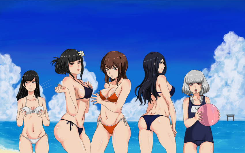 5girls artist_request ass beach bikini black_hair blush breast_envy breasts brown_hair cleavage fatal_frame fatal_frame_5 female hinasaki_miu kozukata_yuuri large_breasts lineup long_hair looking_at_viewer multiple_girls navel nintendo open_mouth sideboob small_breasts smile swimsuit tecmo