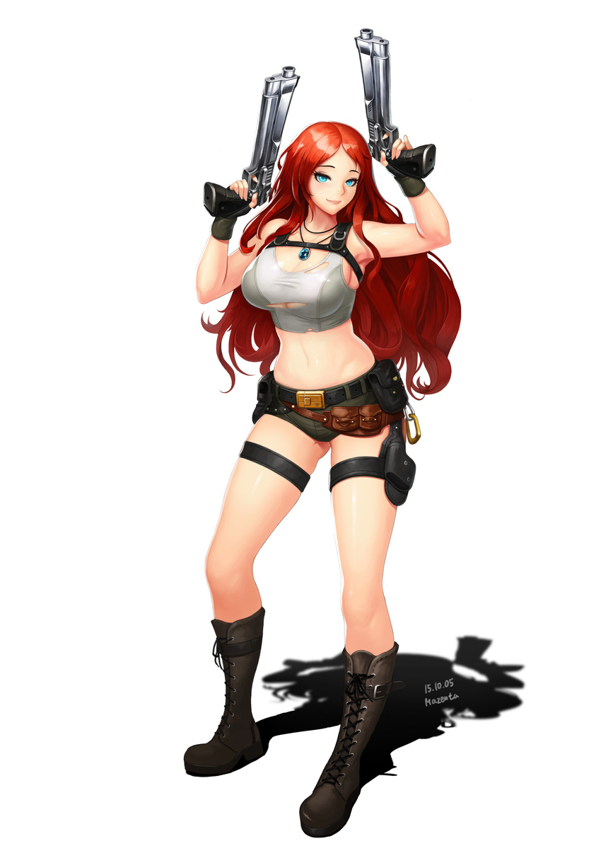 absurdres ah-lyong_lee belt_boots blue_eyes boots breasts cosplay cross-laced_footwear dual_wielding full_body gun handgun highres holding holster jewelry knee_boots lace-up_boots lara_croft lara_croft_(cosplay) large_breasts league_of_legends long_hair md5_mismatch midriff navel necklace pistol red_hair sarah_fortune short_shorts shorts signature smile solo standing tank_top thigh_holster tomb_raider torn_clothes weapon