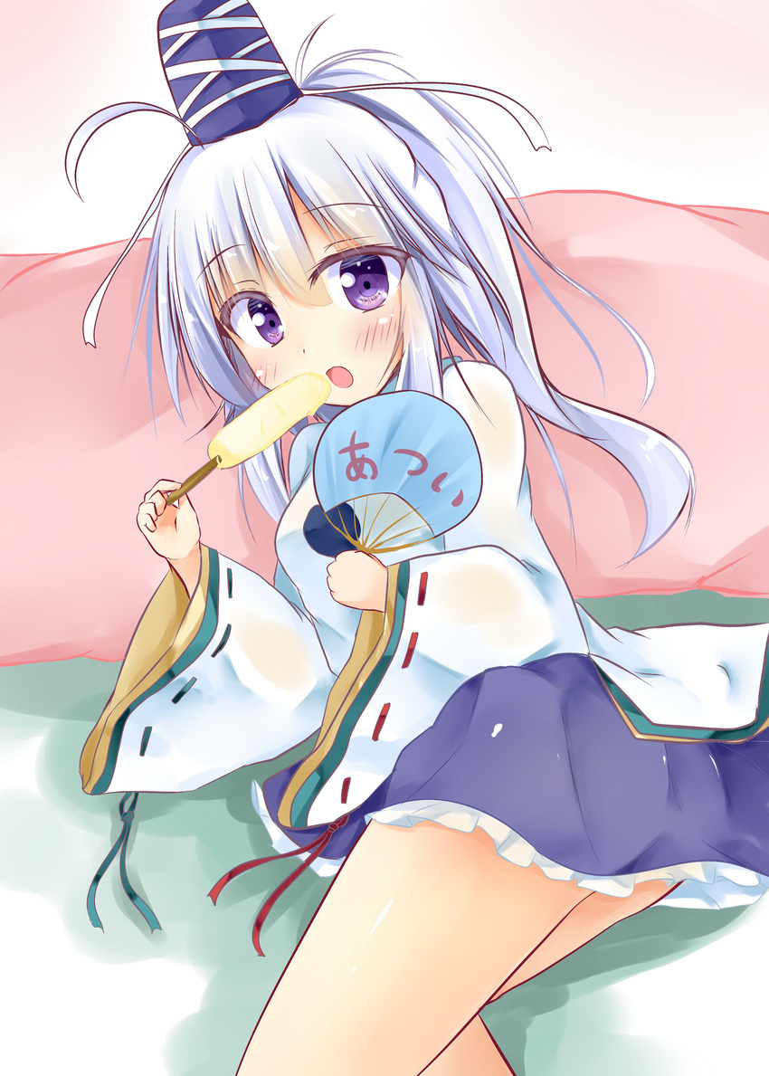 absurdres blue_eyes blush fan food hat highres japanese_clothes kariginu kuzumomo lying mononobe_no_futo on_side open_mouth ponytail popsicle solo tate_eboshi thighs touhou white_hair