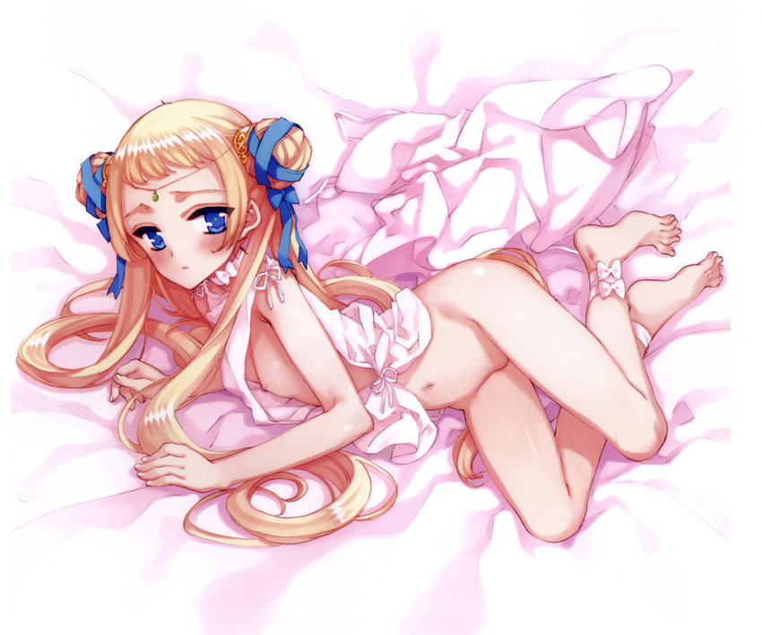 absurdres ankle_ribbon barefoot blonde_hair blue_eyes blush choker circlet copyright_request double_bun flat_chest full_body hair_ribbon highres lying navel nipples on_side ooyari_ashito quad_tails ribbon scan solo