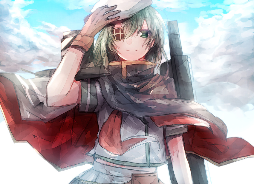 cape cloud eyepatch hand_on_headwear hand_up hat kantai_collection kiso_(kantai_collection) smile solo sugino_(patrassyar)