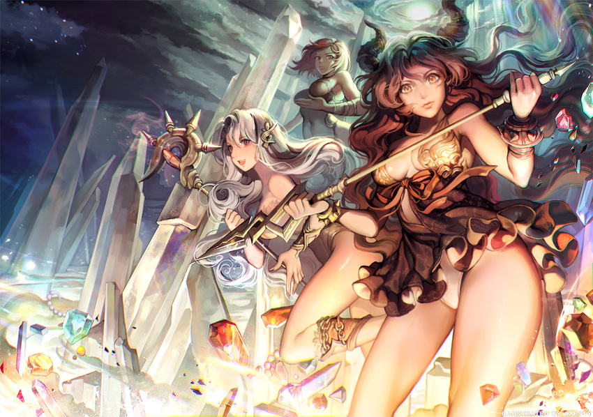 bare_shoulders black_hair breasts caesty cleavage commentary_request crystal dress fantasy gem horns lips long_hair looking_at_viewer medium_breasts multiple_girls nose original pinky_out polearm short_hair silver_hair spear staff strapless strapless_dress thighs weapon