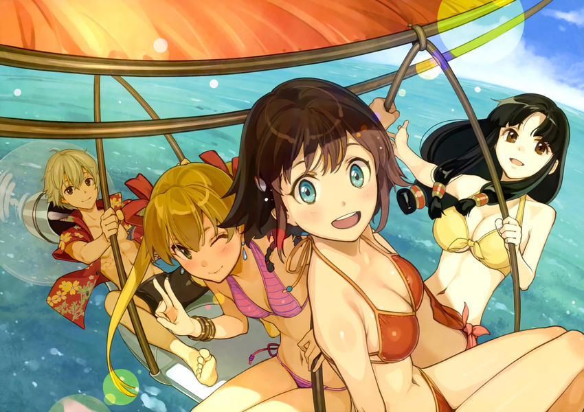 3girls :d ;) amy_(suisei_no_gargantia) bangle bangs bare_legs barefoot bike_shorts bikini black_hair blue_eyes blush bracelet breasts brown_eyes brown_hair day earrings floral_print front-tie_bikini front-tie_top grey_hair hair_ribbon hair_tubes hang_gliding hawaiian_shirt hidari_(left_side) highres horizon jewelry ledo_(suisei_no_gargantia) lens_flare long_hair looking_at_viewer low-tied_long_hair medium_breasts melty_(suisei_no_gargantia) multiple_girls navel ocean ok_sign one_eye_closed open_clothes open_mouth open_shirt outdoors pink_bikini red_bikini red_ribbon ribbon saaya_(suisei_no_gargantia) shirt side-tie_bikini sidelocks sky small_breasts smile striped striped_bikini suisei_no_gargantia swimsuit third-party_edit toned toned_male twintails yellow_bikini