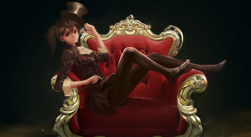 alternate_costume bad_id bad_pixiv_id black_legwear breasts brown_eyes chair doren dress hat highres kaga_(kantai_collection) kantai_collection long_sleeves magician medium_breasts pantyhose reclining short_hair side_ponytail sitting sitting_sideways smile solo stick top_hat wand