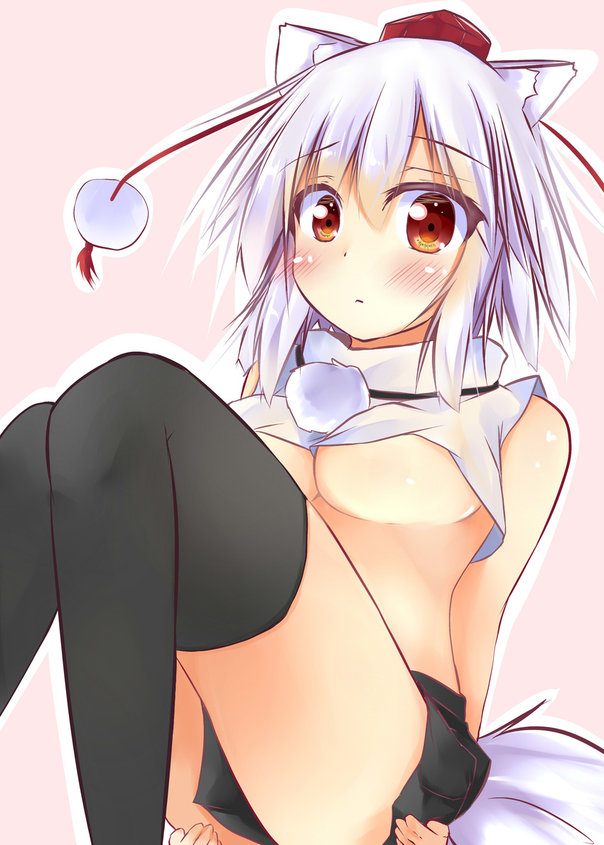 absurdres animal_ears black_legwear blush breasts hat highres inubashiri_momiji kuzumomo miniskirt pink_background red_eyes skirt solo tail tokin_hat touhou underboob white_hair wolf_ears wolf_tail