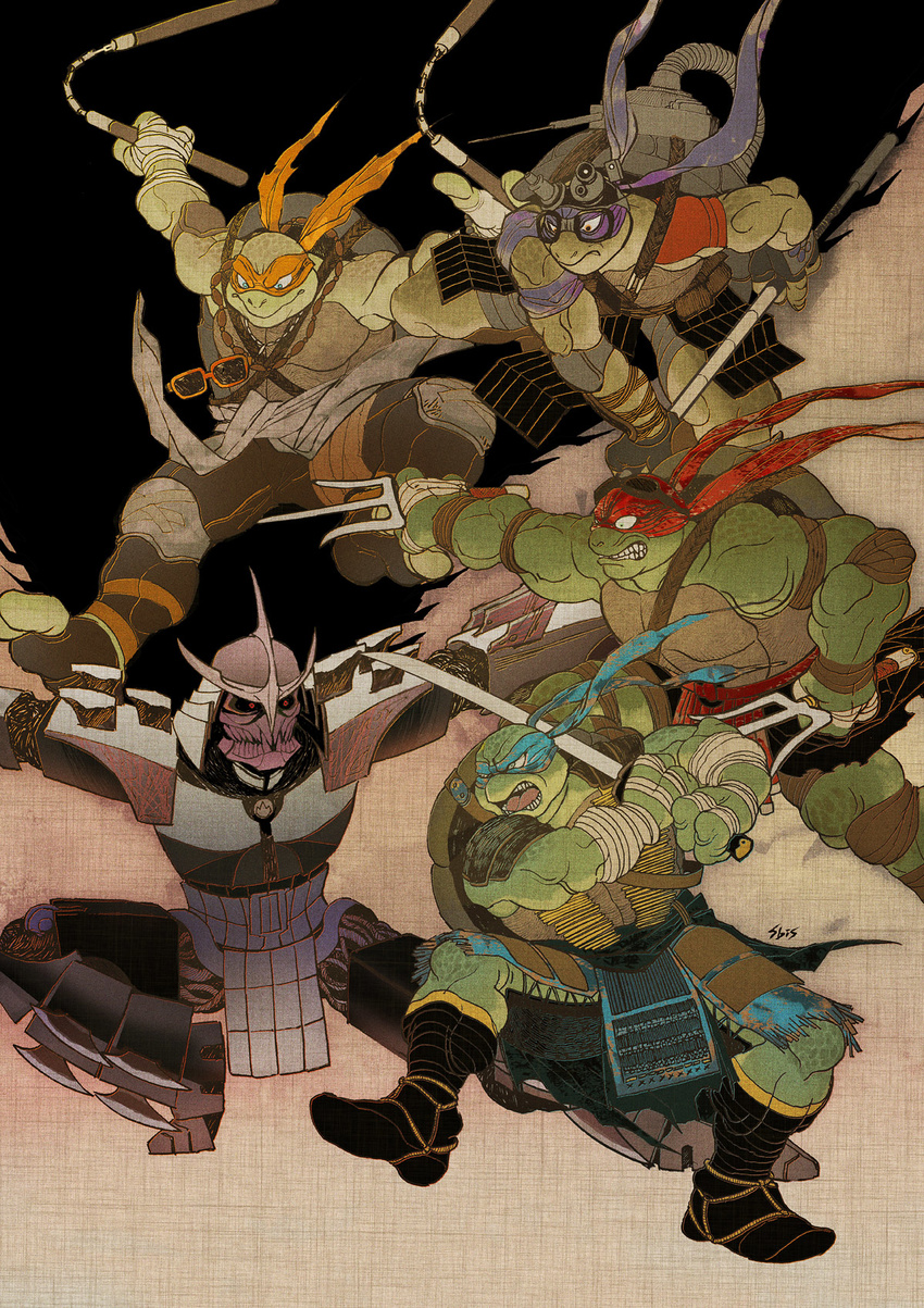 brass_stars clenched_teeth donatello fine_art_parody helmet highres katana leonardo mask michelangelo nihonga nunchaku parody raphael sai_(weapon) shredder staff sunglasses sword teenage_mutant_ninja_turtles teeth ukiyo-e weapon