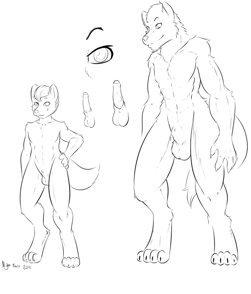 2012 anthro balls canine claws english_text erection fur hair hand_on_hip male mammal model_sheet muscular nightfaux nude penis sheath simon size_difference solo text toe_claws were werewolf
