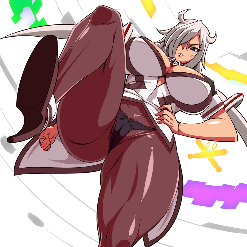 black_panties breasts cameltoe ginnyo hair_over_one_eye hand_on_hip high_heels highres huge_breasts long_hair looking_down panties panties_over_pantyhose pantyhose red_eyes silver_hair solo thick_thighs thighs underwear
